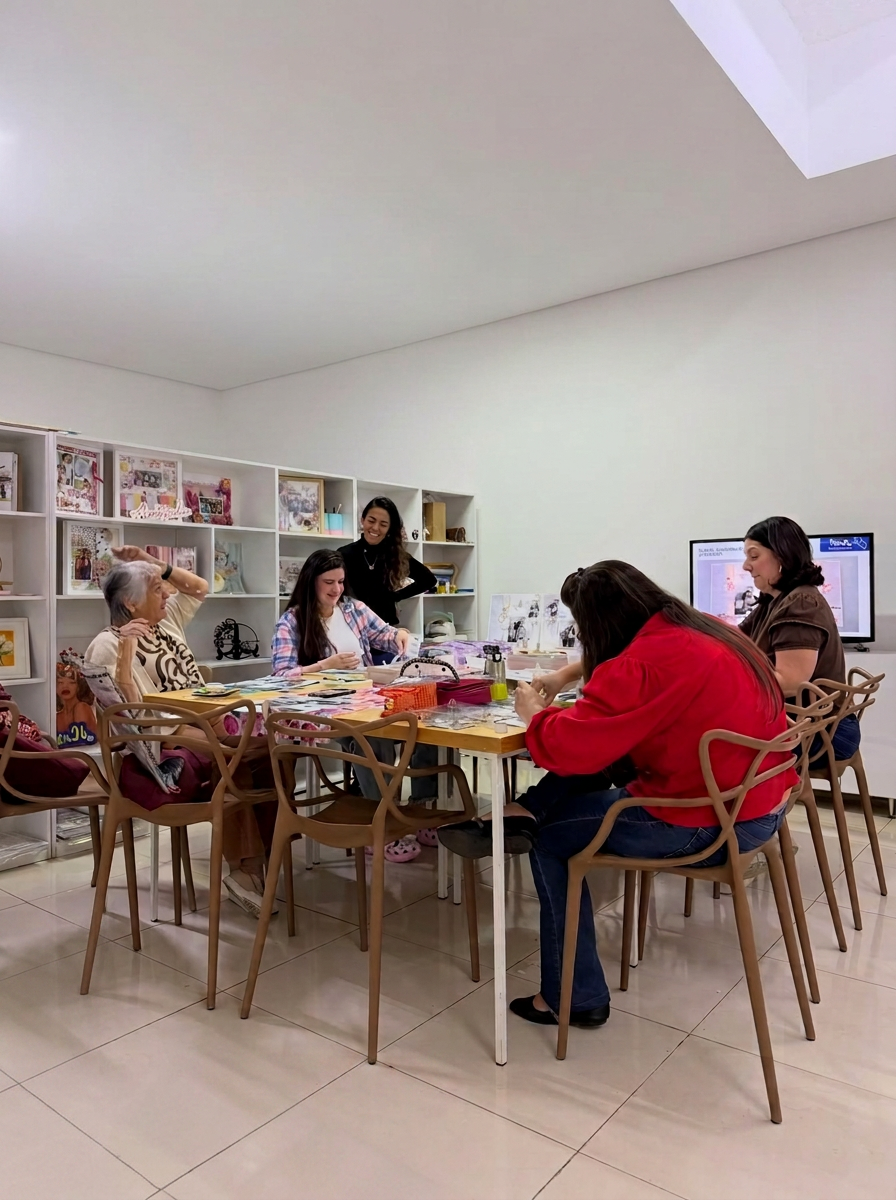 Aula presencial em andamento, alunas em uma mesa com materiais de scrapbook