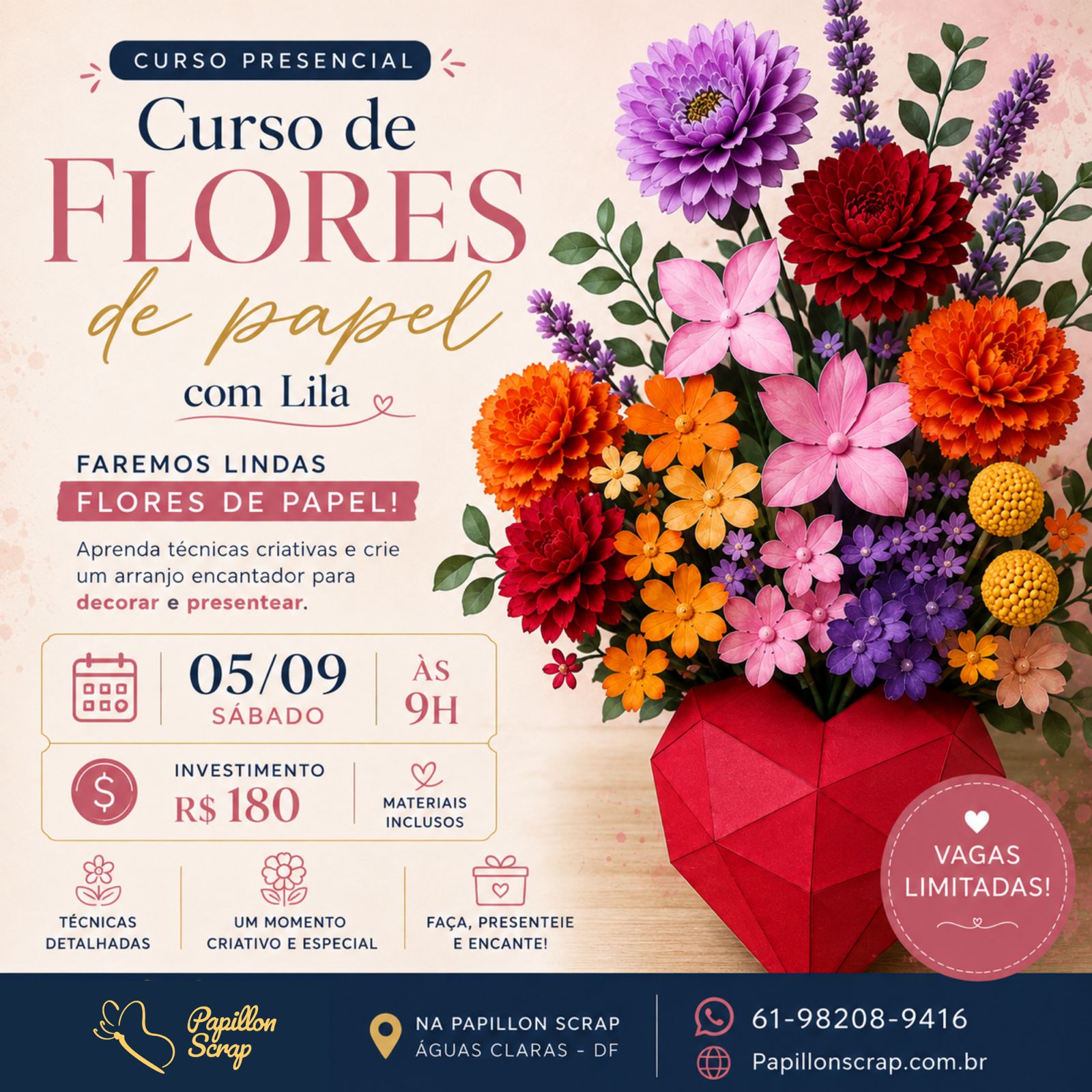 Banner de divulgação: Curso de Flores de Papel com Lila